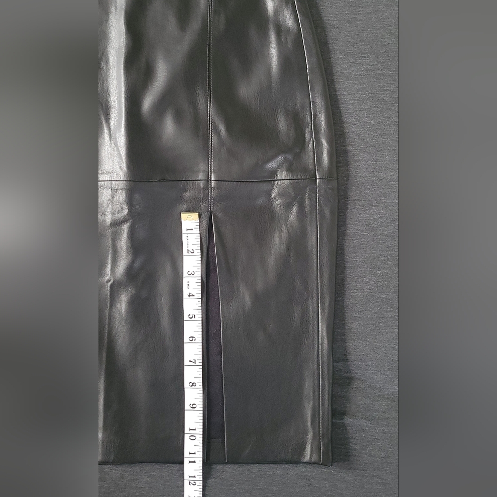 Mango Faux Leather Black High-Waisted Pencil Skirt Front Slit, Chic Sexy, Size 6 - Picture 7 of 11